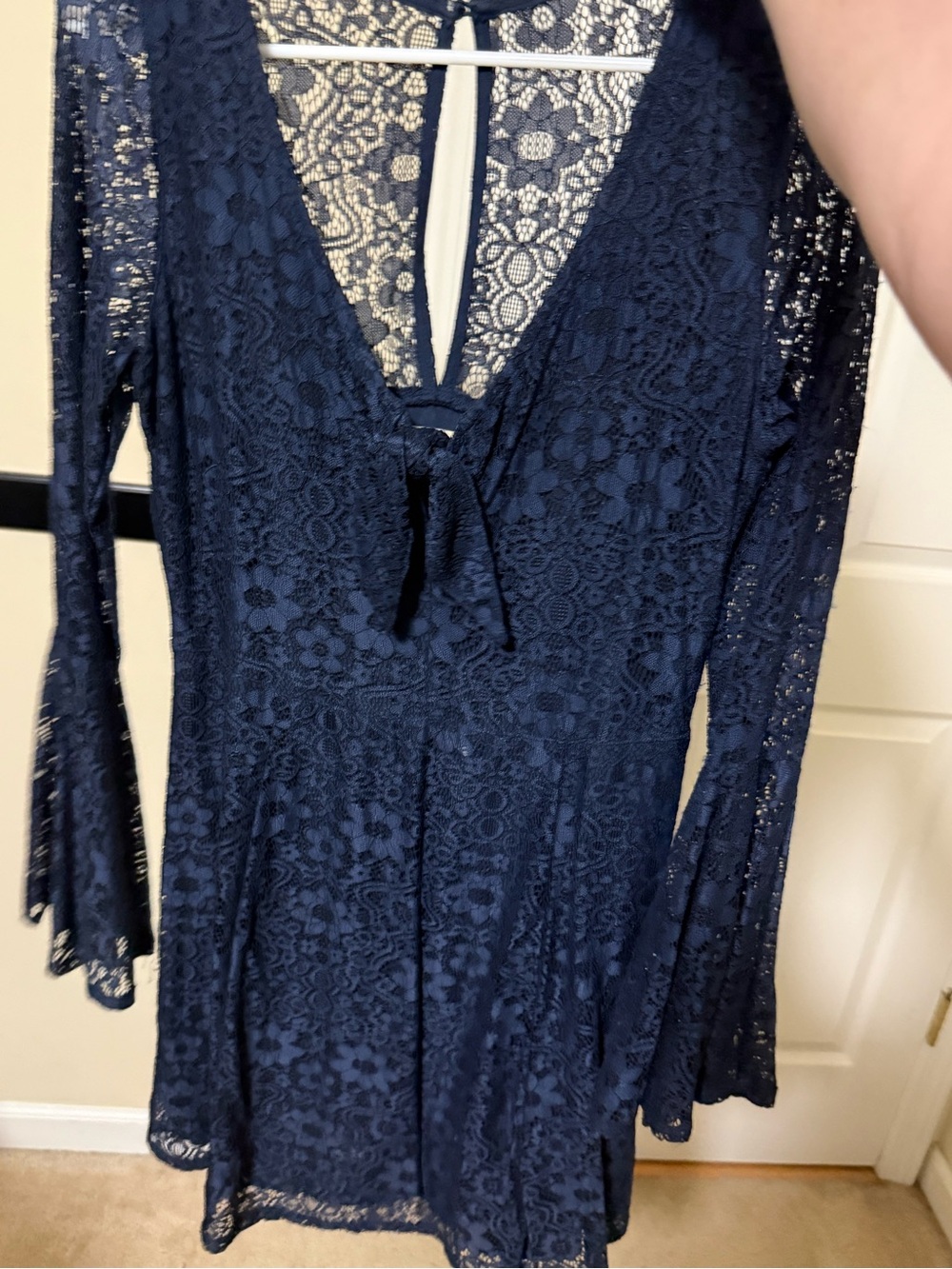 Navy Blue Lace Bell Sleeve V-Neck Mini Dress